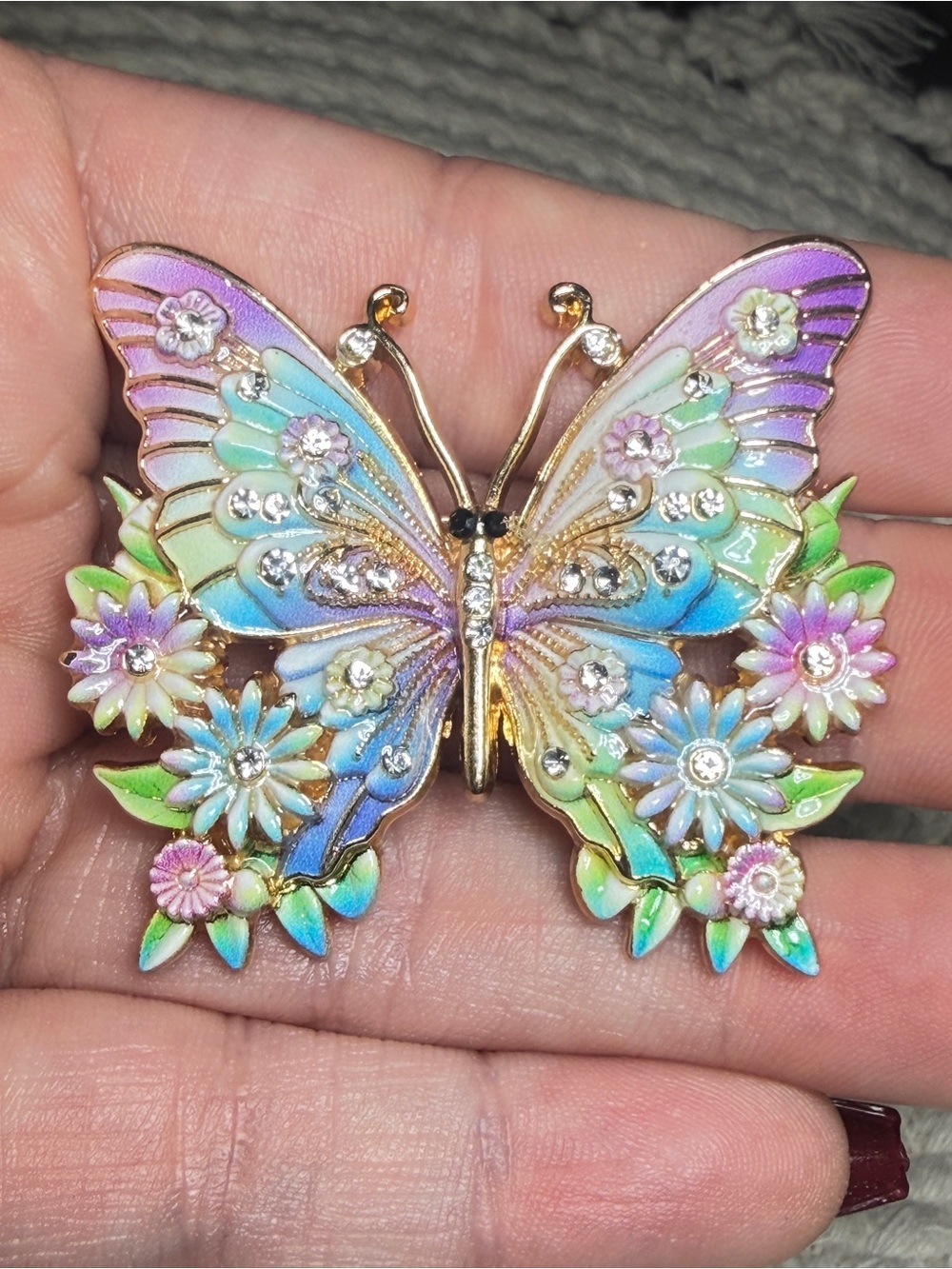 Pastel Floral Butterfly Brooch Enamel Rhinestone Garden Statement Pin